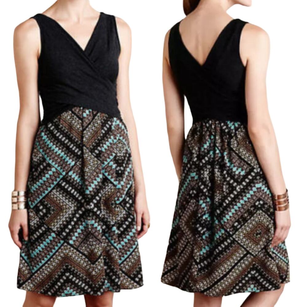 Anthropologie Amadi Lola Mini Dress Cross Front Modal Geometric Print Gray XS
